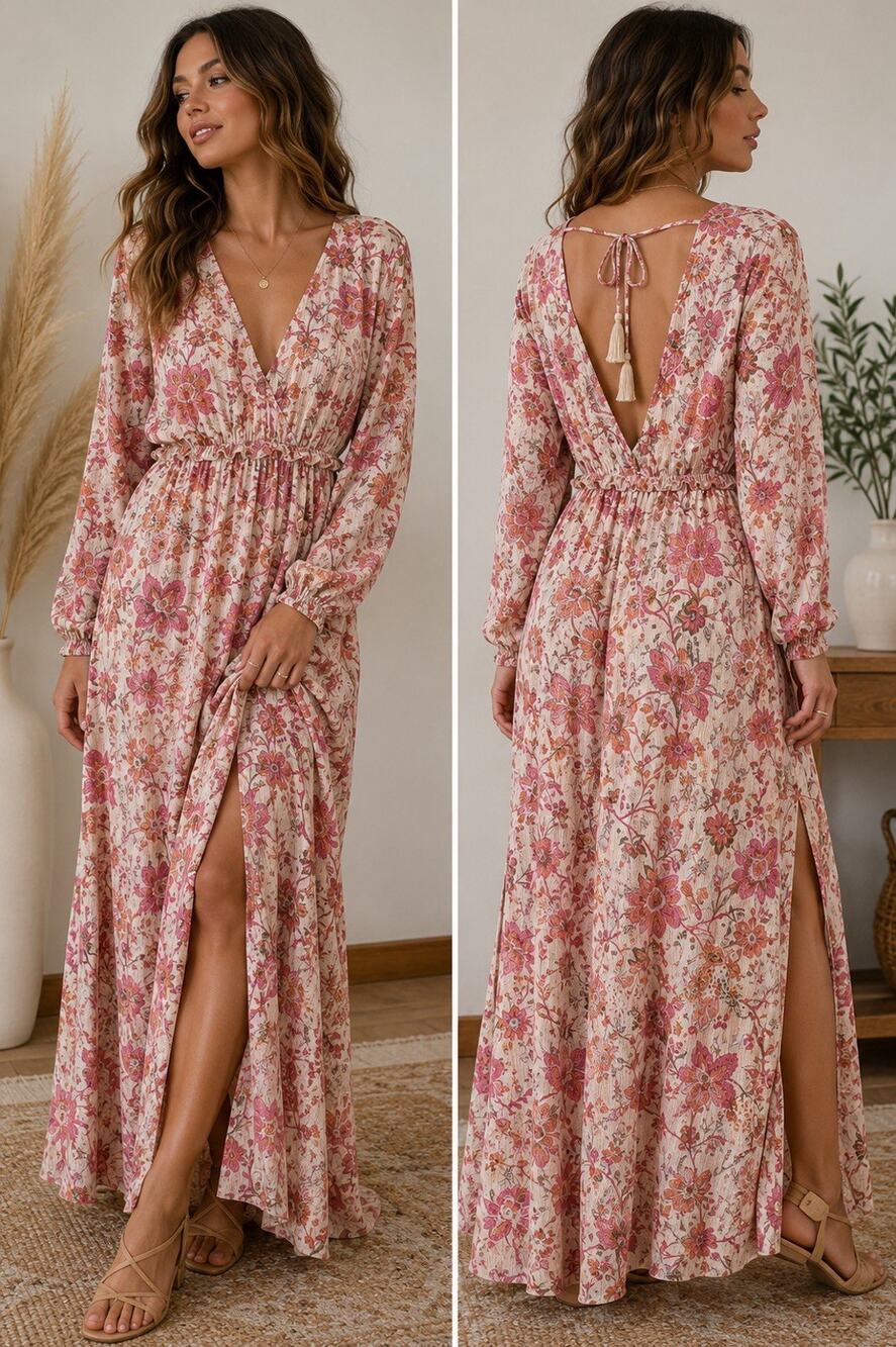 Sweet Lemon Floral Boho Maxi Dress Women’s Small Tie Back Tassels